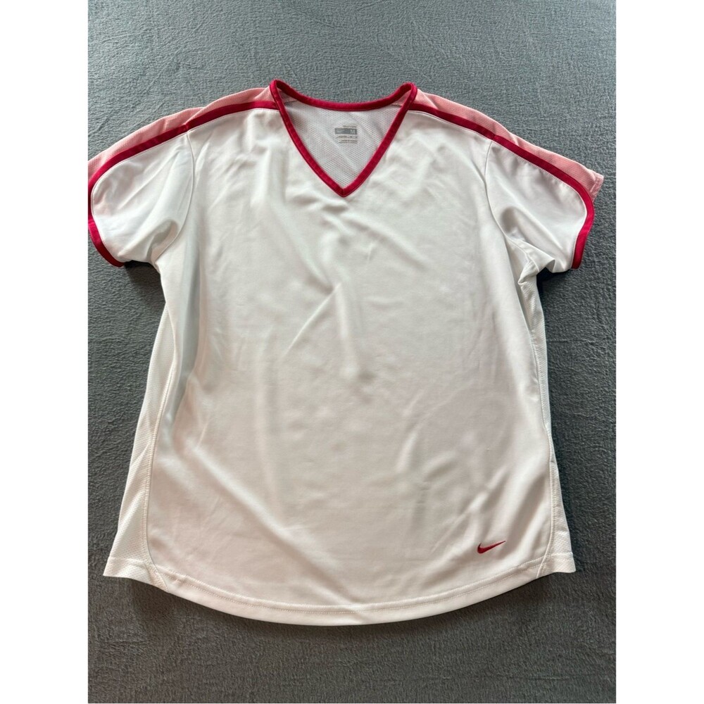 Nike - White Athletic V‑Neck Top with Pink and Reddish-Pink Trim